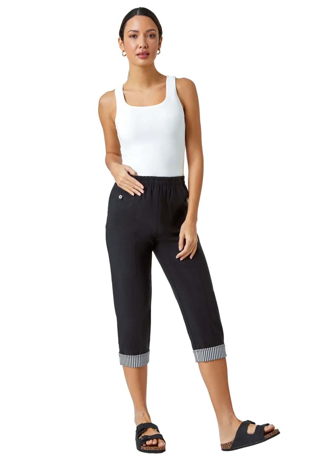 Roman Black Contrast Detail Cropped Stretch Trousers - 10 Image 2