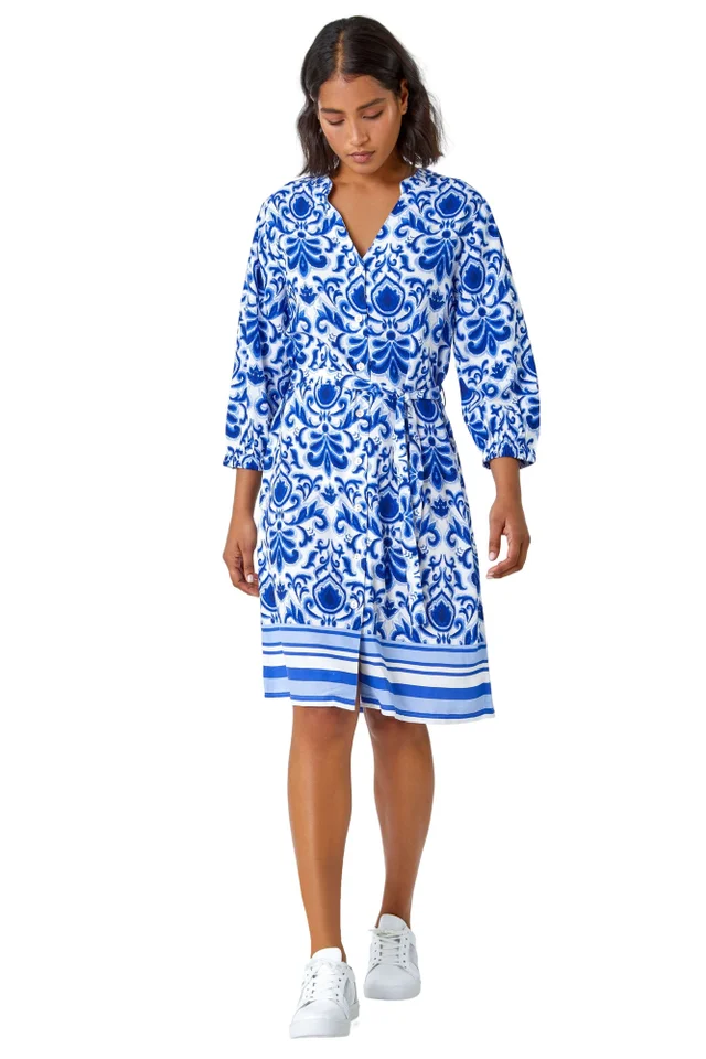 Roman Royal Blue Abstract Border Print Shirt Dress