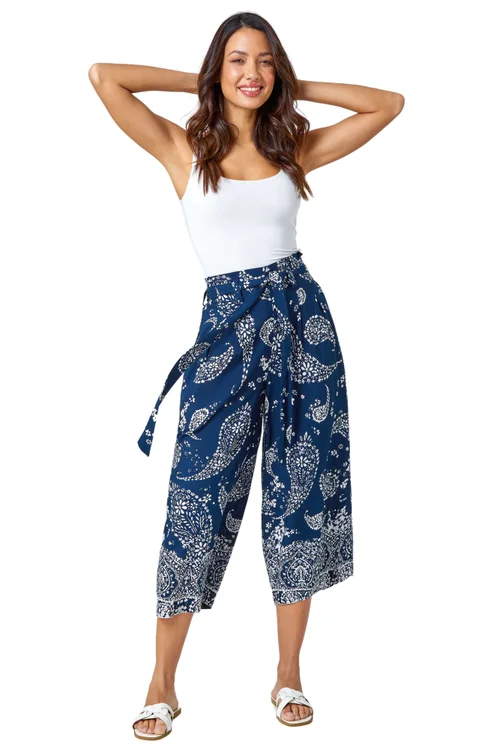 Roman Navy Paisley Print Wide Leg Cropped Trousers - 14 Image 1