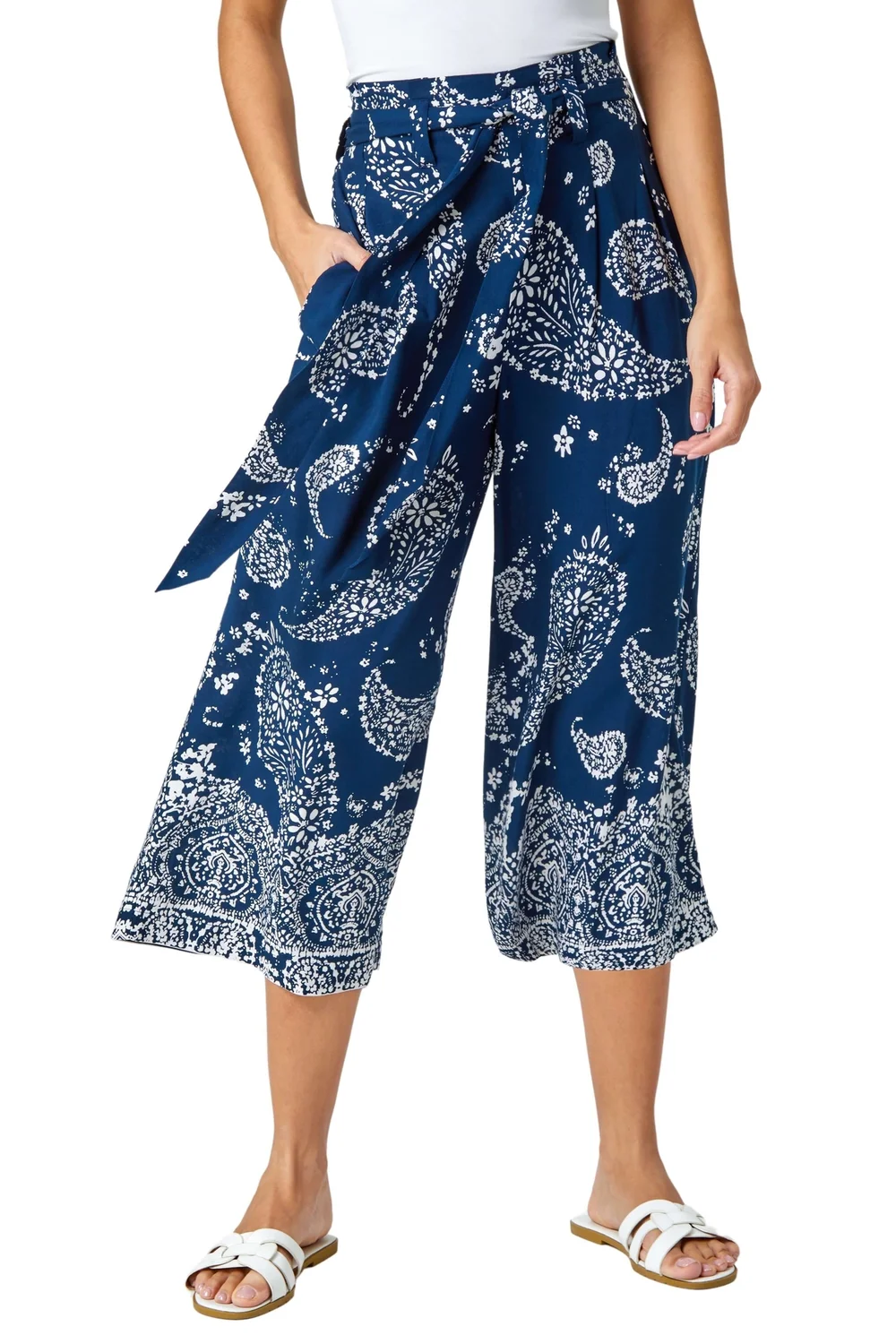 Roman Navy Paisley Print Wide Leg Cropped Trousers - 14 Image 2