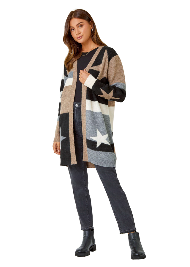 Roman Natural Star Print Longline Stretch Cardigan
