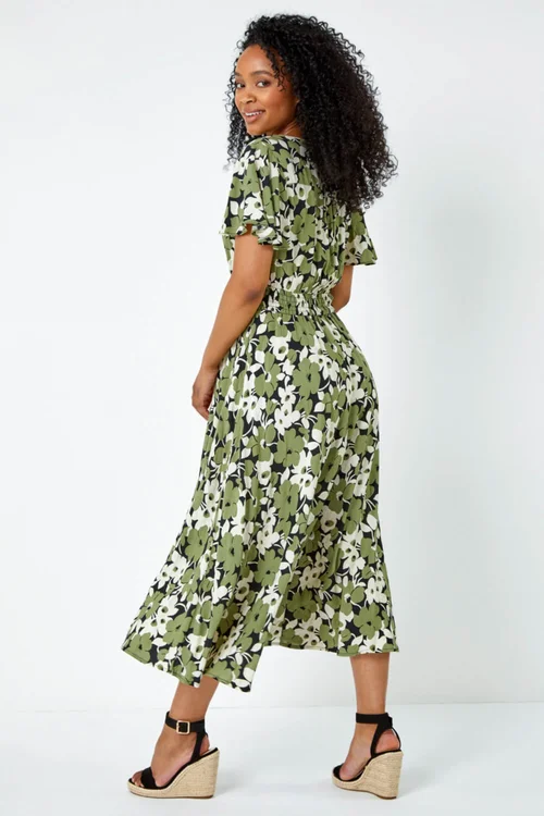 Roman Green Petite Floral Print Shirred Midi Dress - Size 12 Image 4