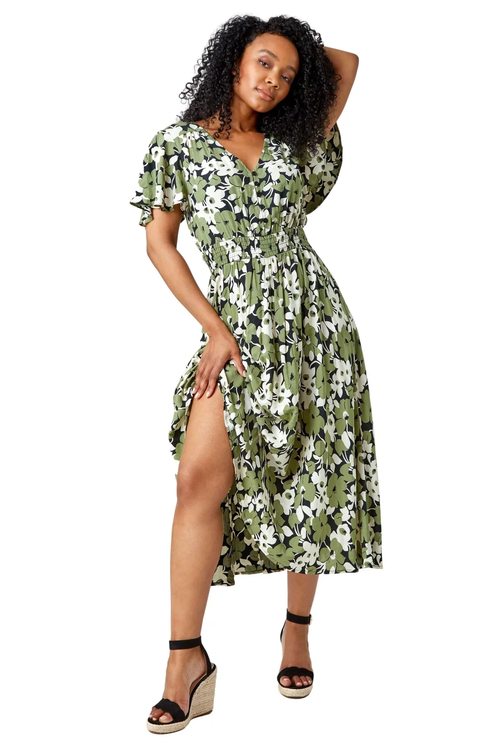 Roman Green Petite Floral Print Shirred Midi Dress - Size 12 Image 2