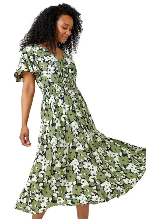 Roman Green Petite Floral Print Shirred Midi Dress - Size 12 Image 1