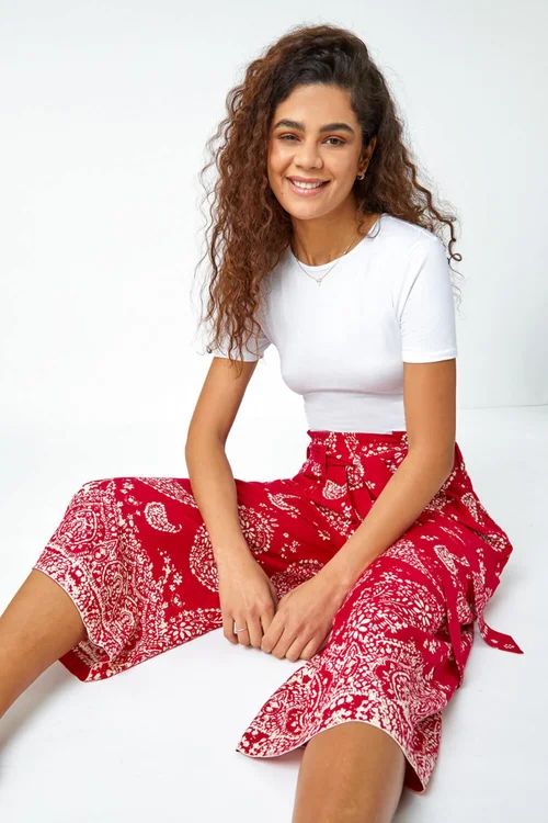 Roman Red Paisley Print Wide Leg Cropped Trousers - 12 Image 3