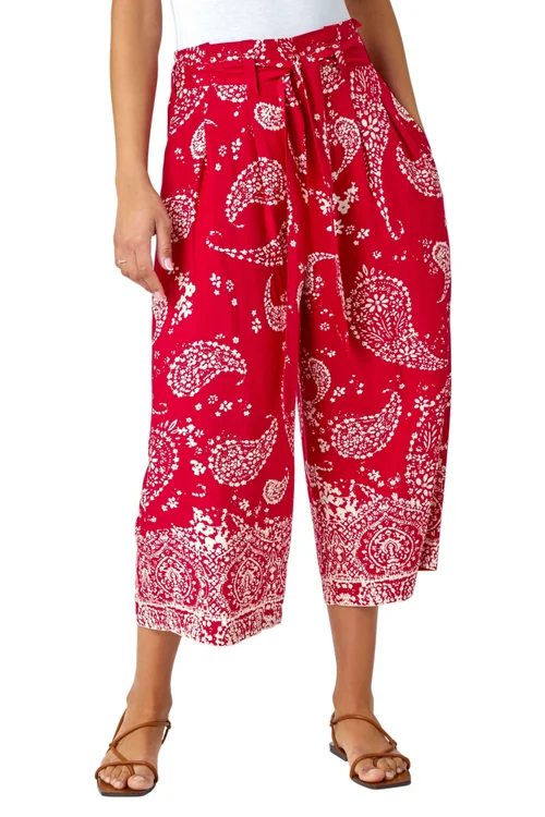Roman Red Paisley Print Wide Leg Cropped Trousers - 12 Image 2