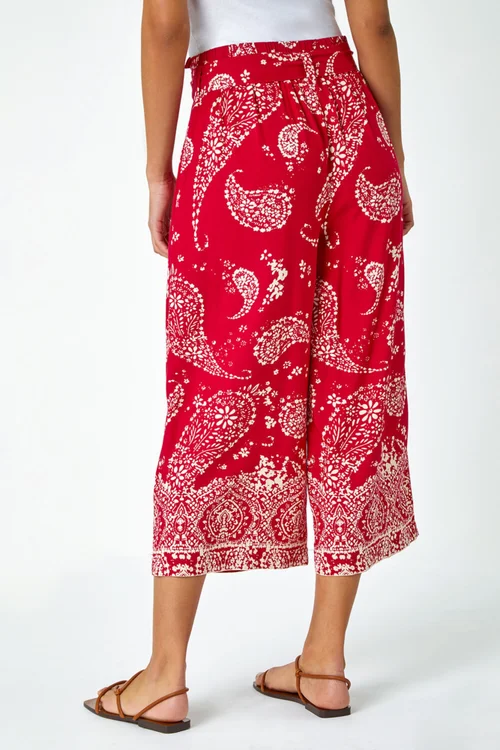 Roman Red Paisley Print Wide Leg Cropped Trousers - 12 Image 4