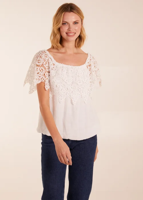 Blue Vanilla Ivory Crochet Lace Puff Ball Top - Small Image 1