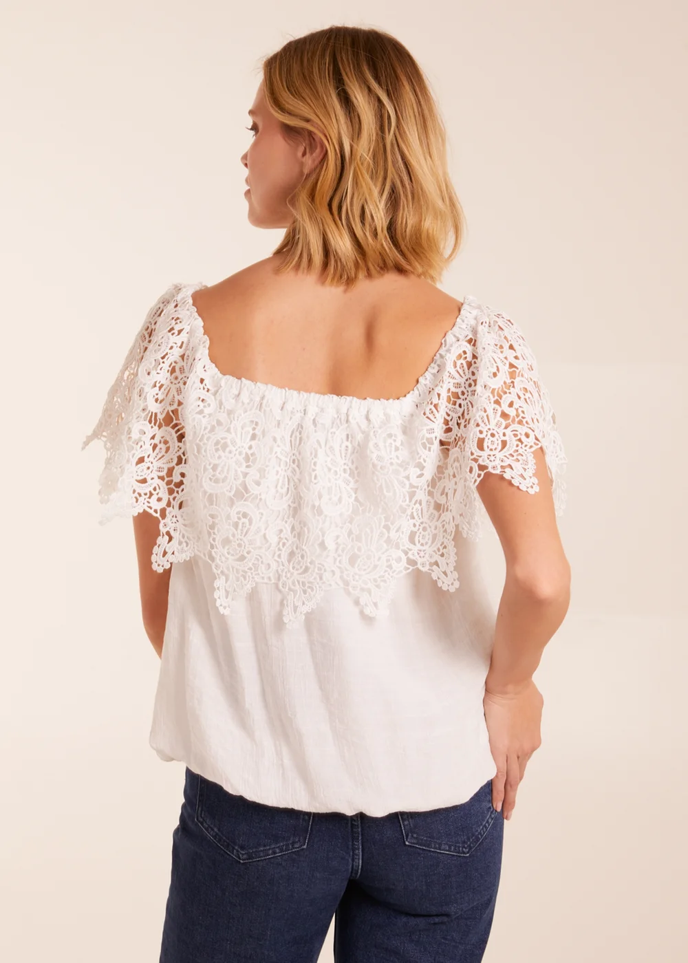 Blue Vanilla Ivory Crochet Lace Puff Ball Top - Small Image 2