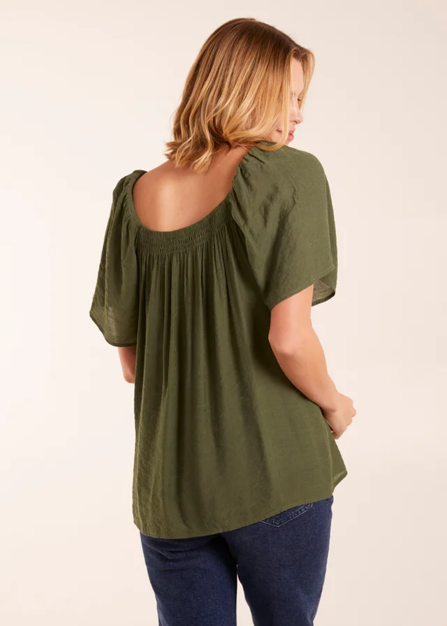 Blue Vanilla Khaki Shirred At Front Swing Top