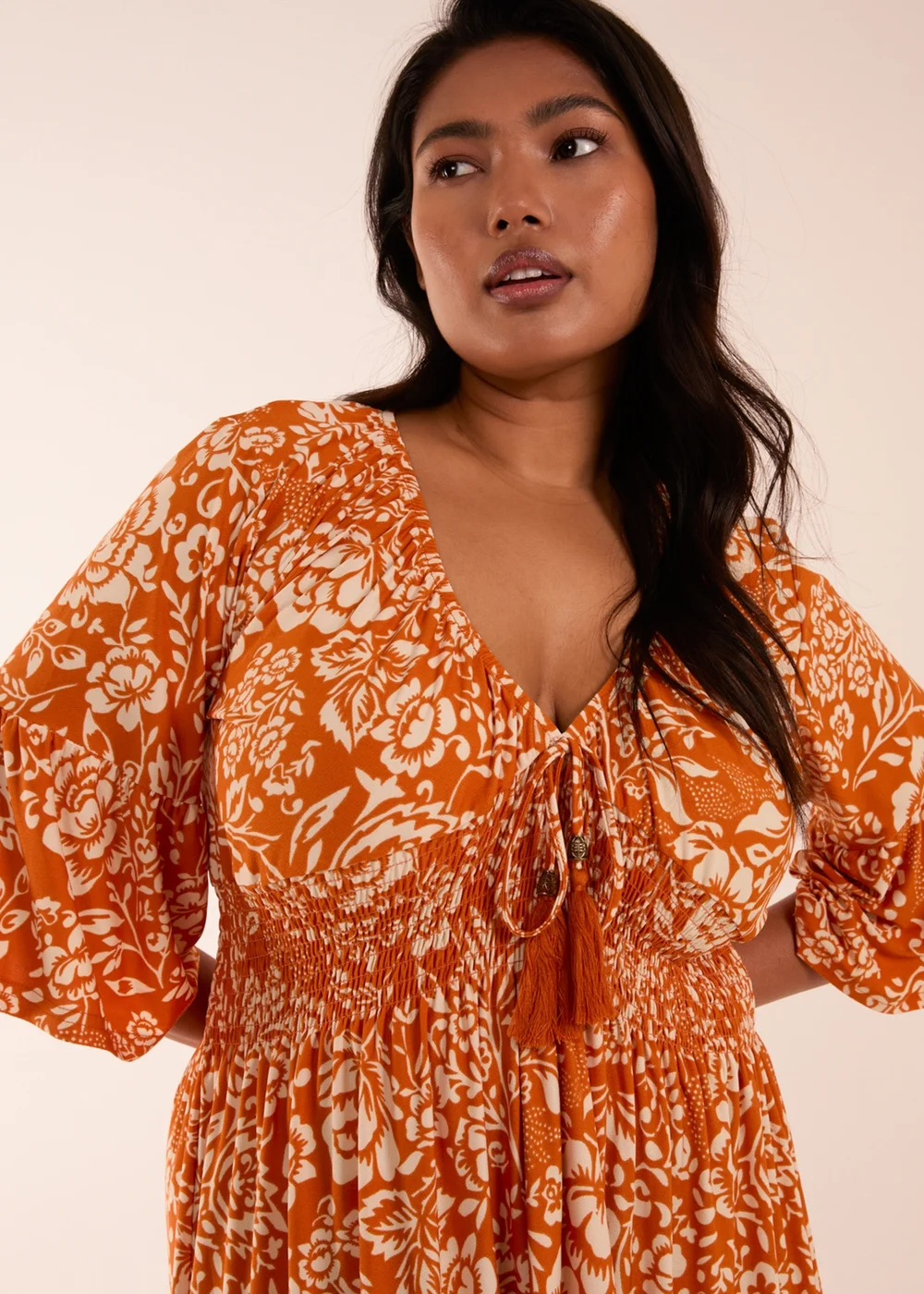 Blue Vanilla Curve Orange Elasticated V Neck Midi Dress - 26-28 Image 3