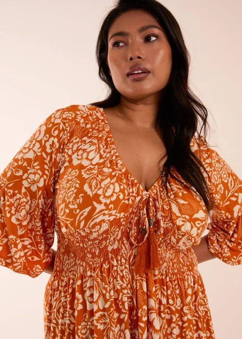 Blue Vanilla Curve Orange Elasticated V Neck Midi Dress - 26-28 Image 3