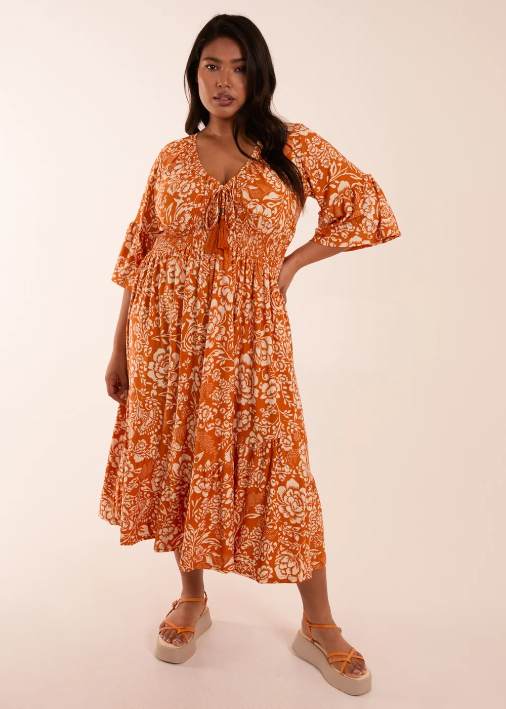 Blue Vanilla Curve Orange Elasticated V Neck Midi Dress - 26-28 Image 1