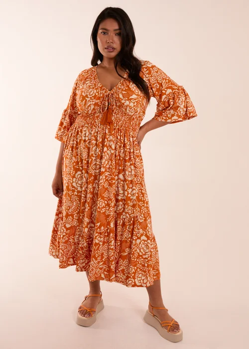 Blue Vanilla Curve Orange Elasticated V Neck Midi Dress - 26-28 Image 1