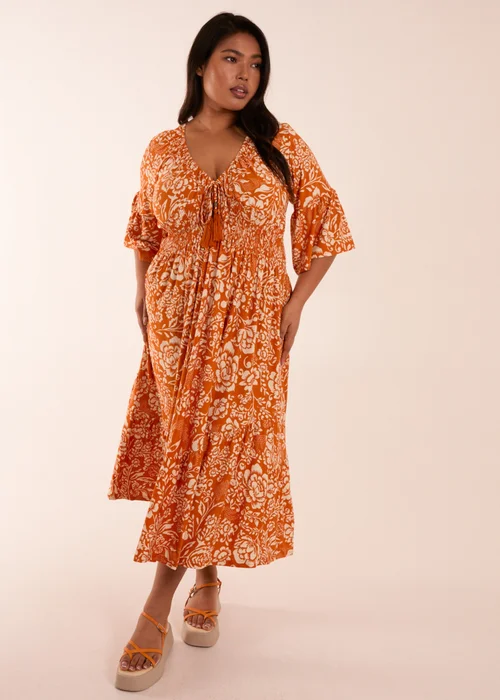 Blue Vanilla Curve Orange Elasticated V Neck Midi Dress - 26-28 Image 4