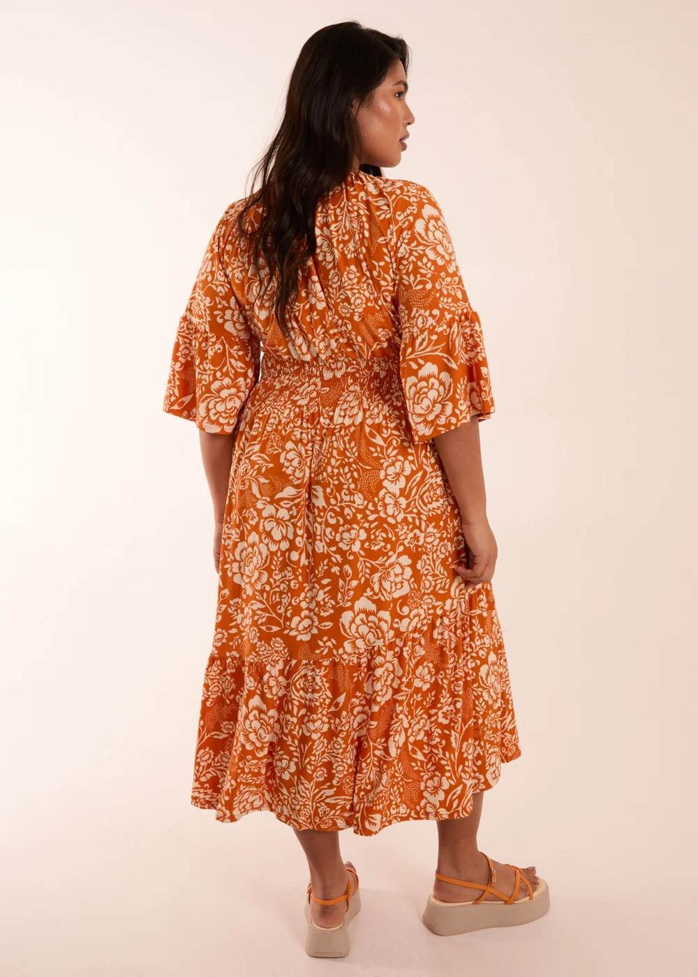 Blue Vanilla Curve Orange Elasticated V Neck Midi Dress - 26-28 Image 2
