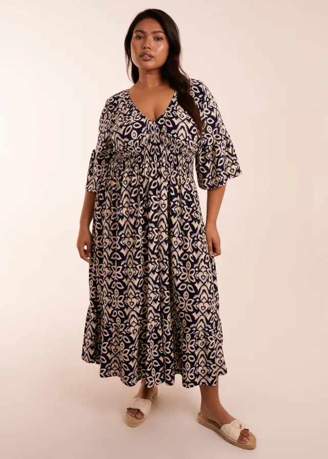Blue Vanilla Curve Navy Elasticated Neck Shirred Waist Abstract Midi Dress