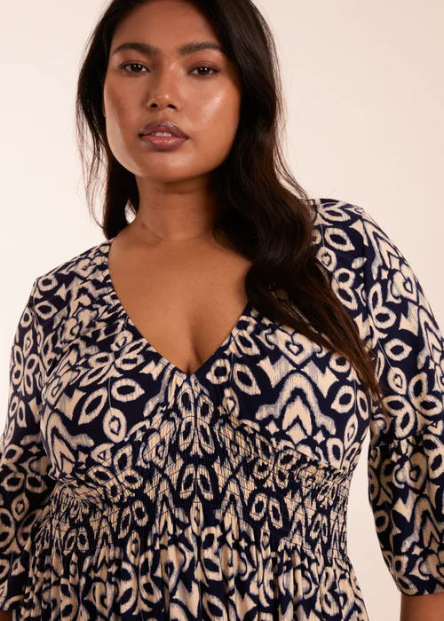 Blue Vanilla Curve Navy Elasticated Neck Shirred Waist Abstract Midi Dress - 26-28 Image 3