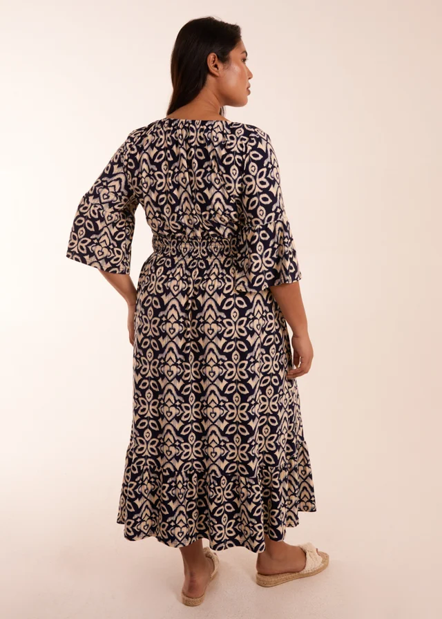 Blue Vanilla Curve Navy Elasticated Neck Shirred Waist Abstract Midi Dress