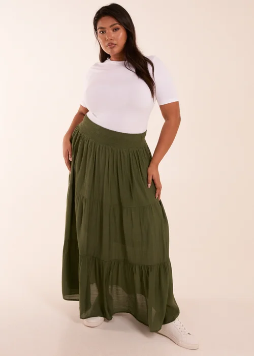 Blue Vanilla Curve Khaki Tiered Shirred Maxi Skirt - Size 26-28 Image 1