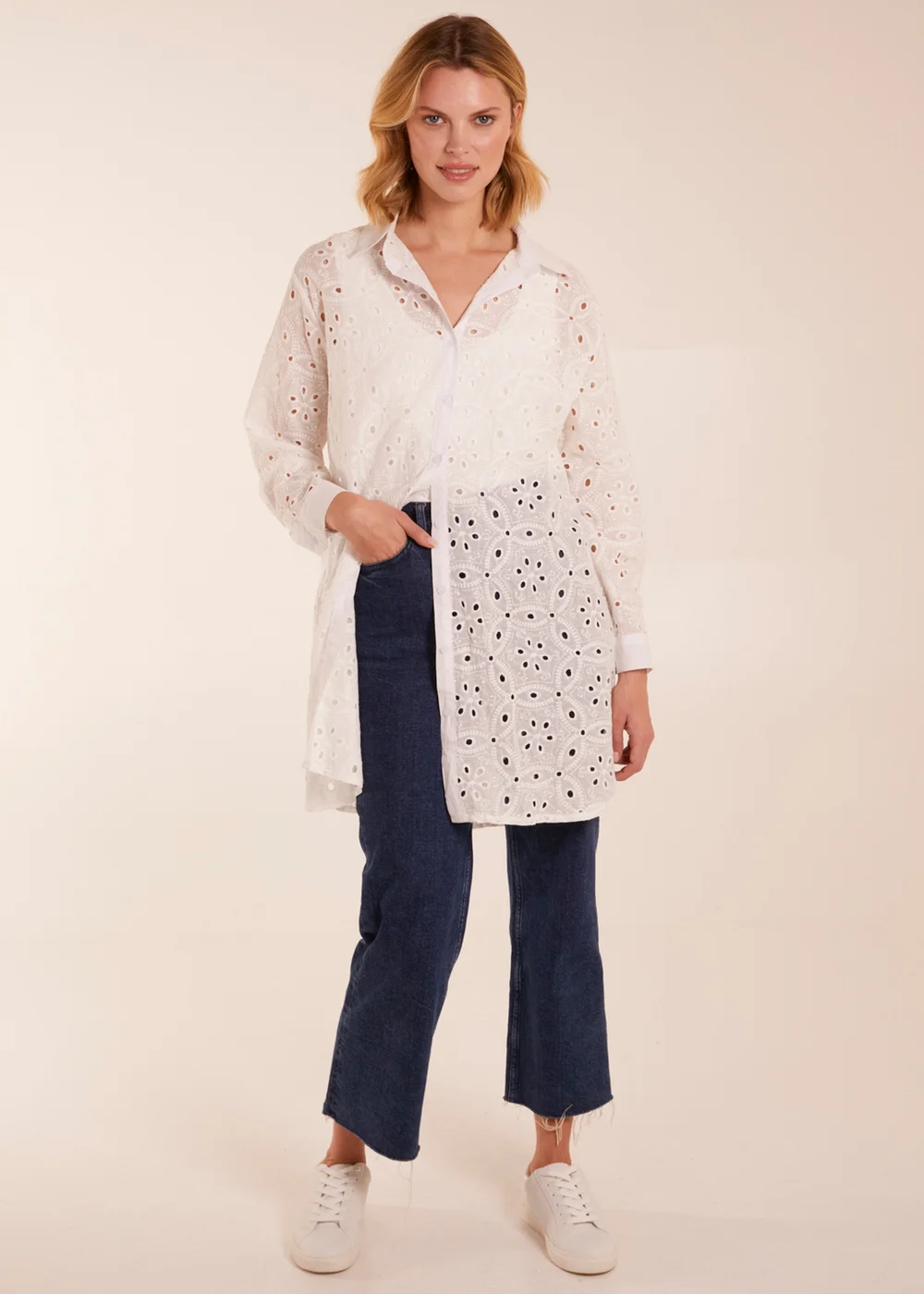 Blue Vanilla Ivory Crochet Detailed Long Sleeve Shirt - M Image 4