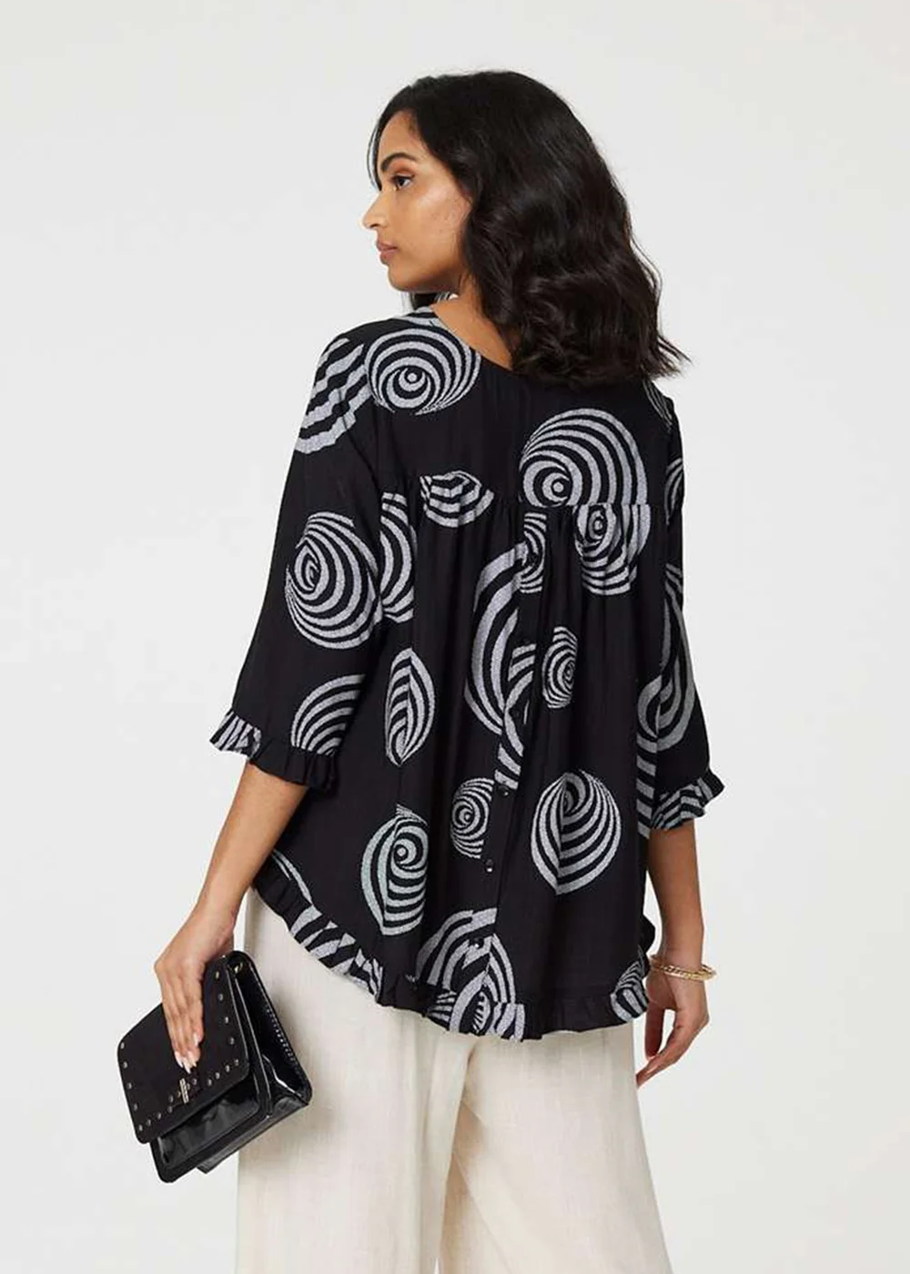 Izabel London Black Abstract Print Frill Hem Tunic Top - 12 Image 2