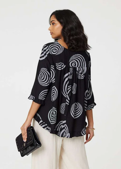 Izabel London Black Abstract Print Frill Hem Tunic Top - 12 Image 2