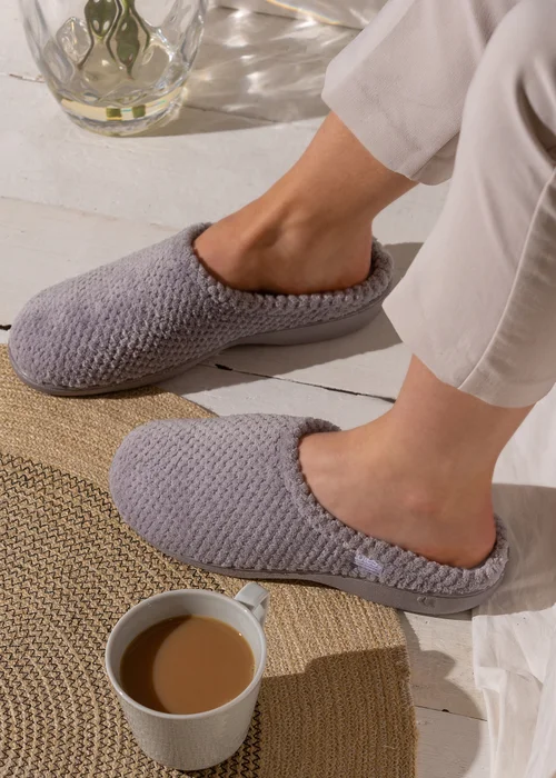 Totes Isotoner Grey Popcorn Terry Mule Slippers - Size 5 Image 2