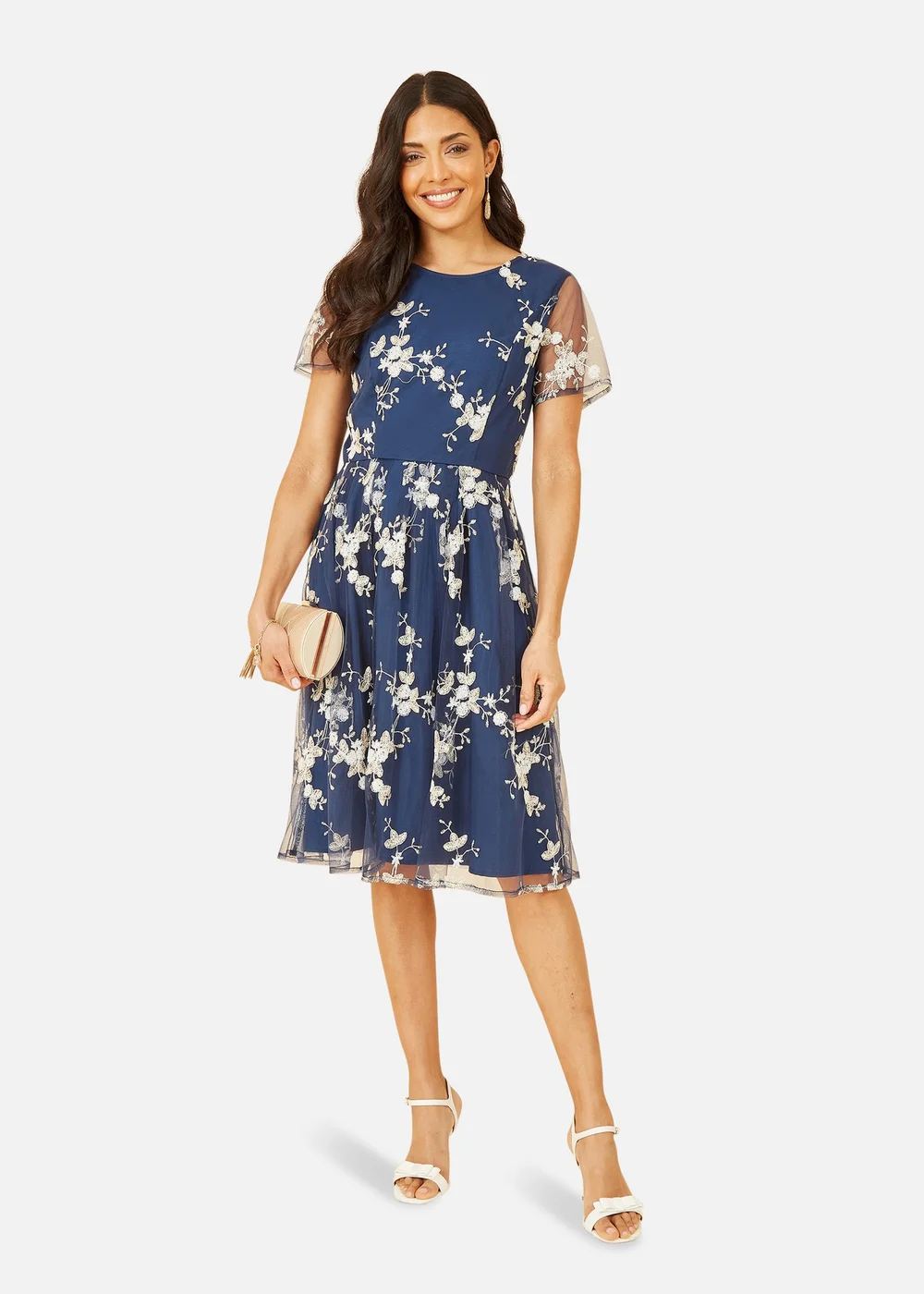 Yumi Navy Embroidered Floral Skater Dress - Size 8 Image 1