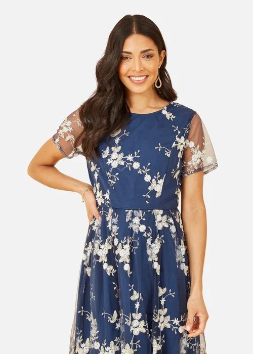 Yumi Navy Embroidered Floral Skater Dress - Size 8 Image 2