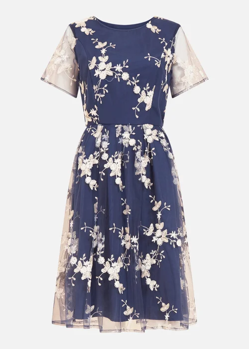 Yumi Navy Embroidered Floral Skater Dress - Size 8 Image 3