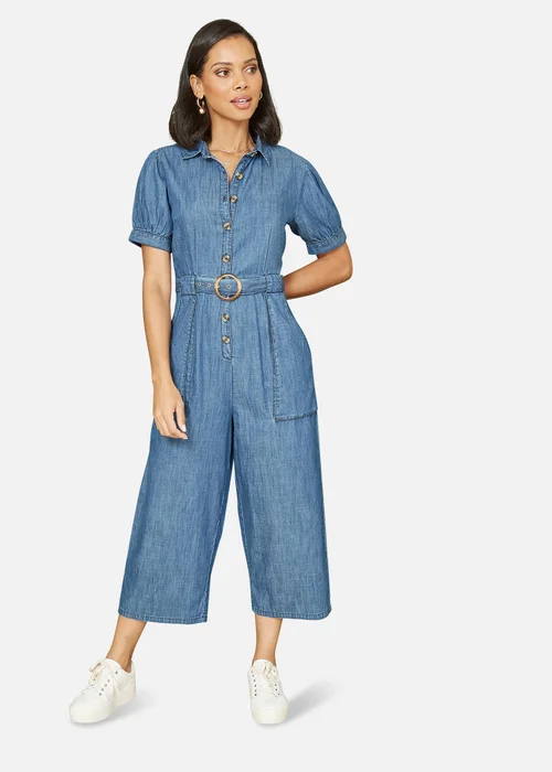Yumi Blue Cotton Chambray Button Up Jumpsuit - Size 14 Image 1