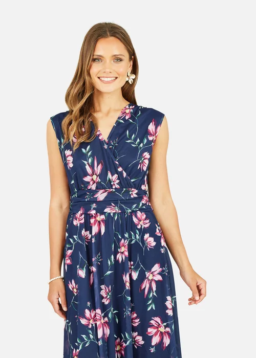 Yumi Navy Floral Print V-Neck Midi Skater Dress - 22 Image 2