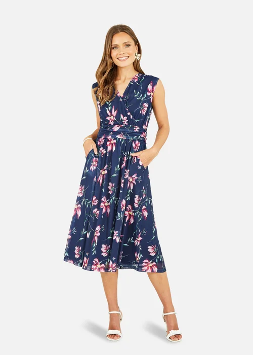 Yumi Navy Floral Print V-Neck Midi Skater Dress - 22 Image 1
