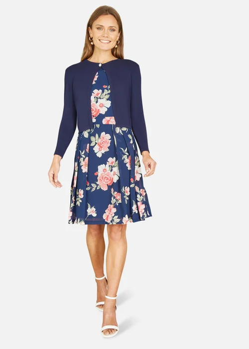 Yumi Navy Diamante Button Cropped Cardigan - Medium Image 1