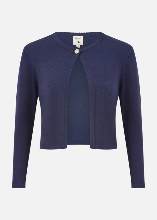Yumi Navy Diamante Button Cropped Cardigan - Medium Image 3