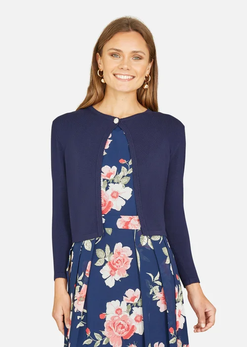 Yumi Navy Diamante Button Cropped Cardigan - Medium Image 2