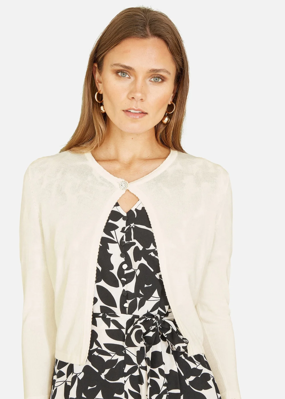 Yumi Ivory Diamante Button Cropped Cardigan - Small Image 2