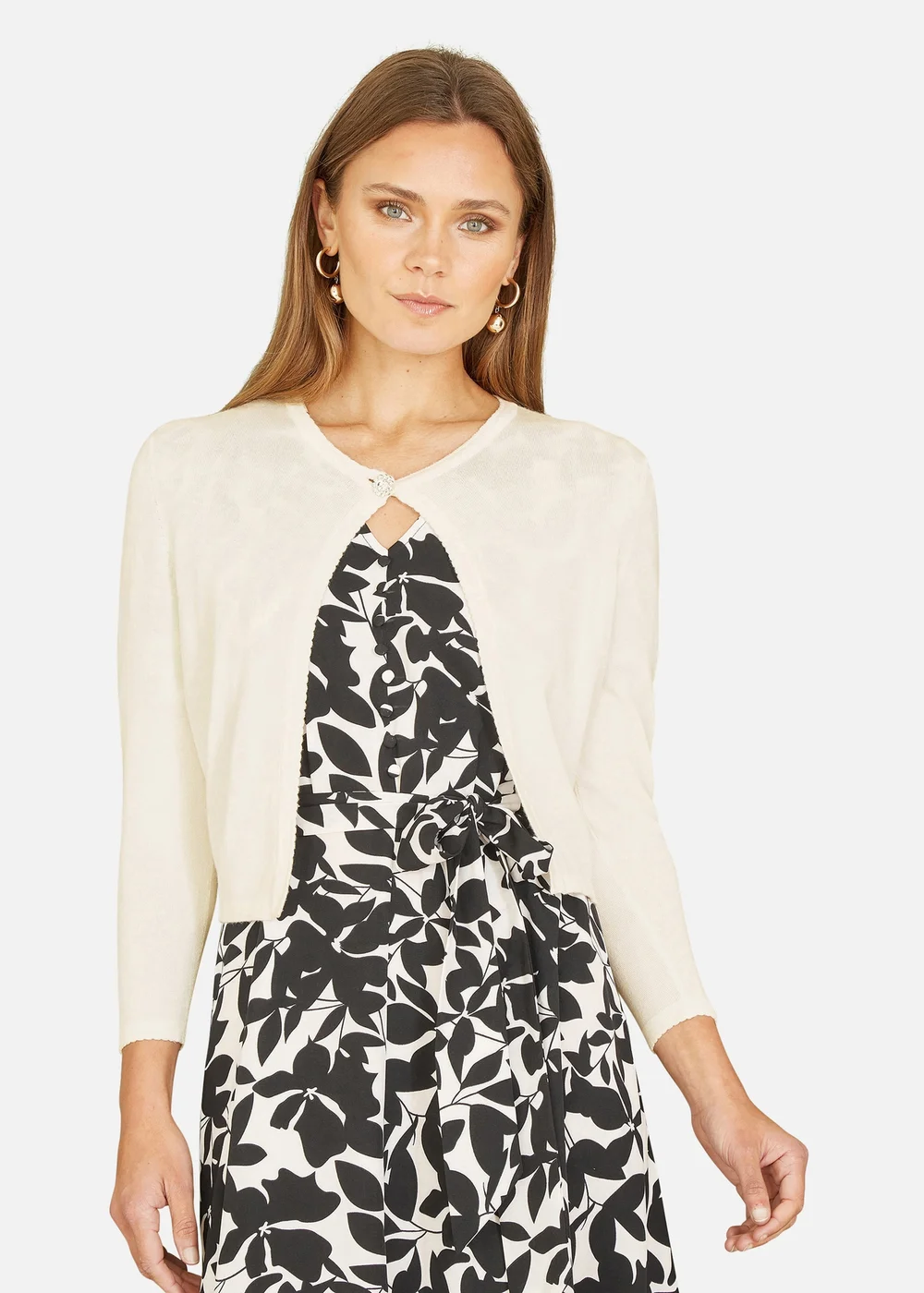 Yumi Ivory Diamante Button Cropped Cardigan - Small Image 1