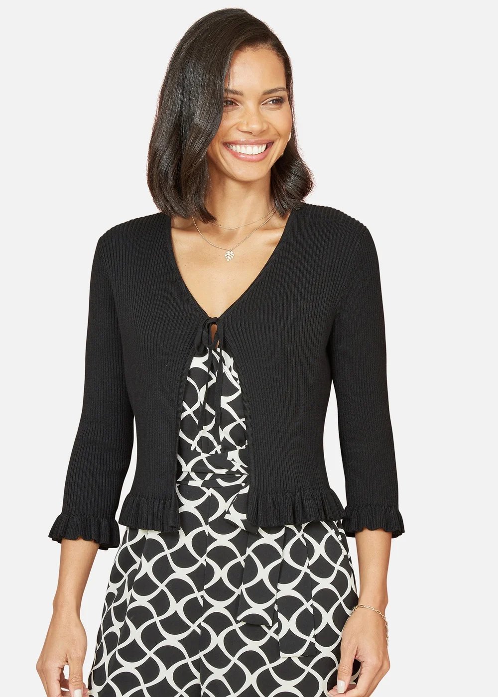 Yumi Black Tie Up Ribbed Cardigan With Frill Hem - Large Image 2