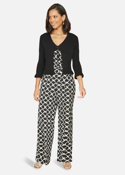 Yumi Black Tie Up Ribbed Cardigan With Frill Hem - Large Image 1