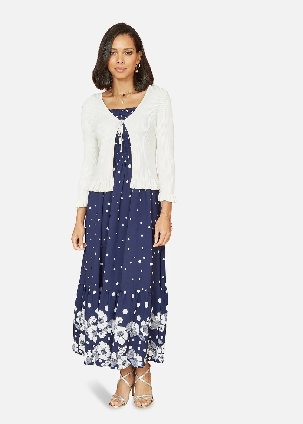 Yumi Ivory Tie Up Ribbed Cardigan With Frill Hem - Medium Image 1