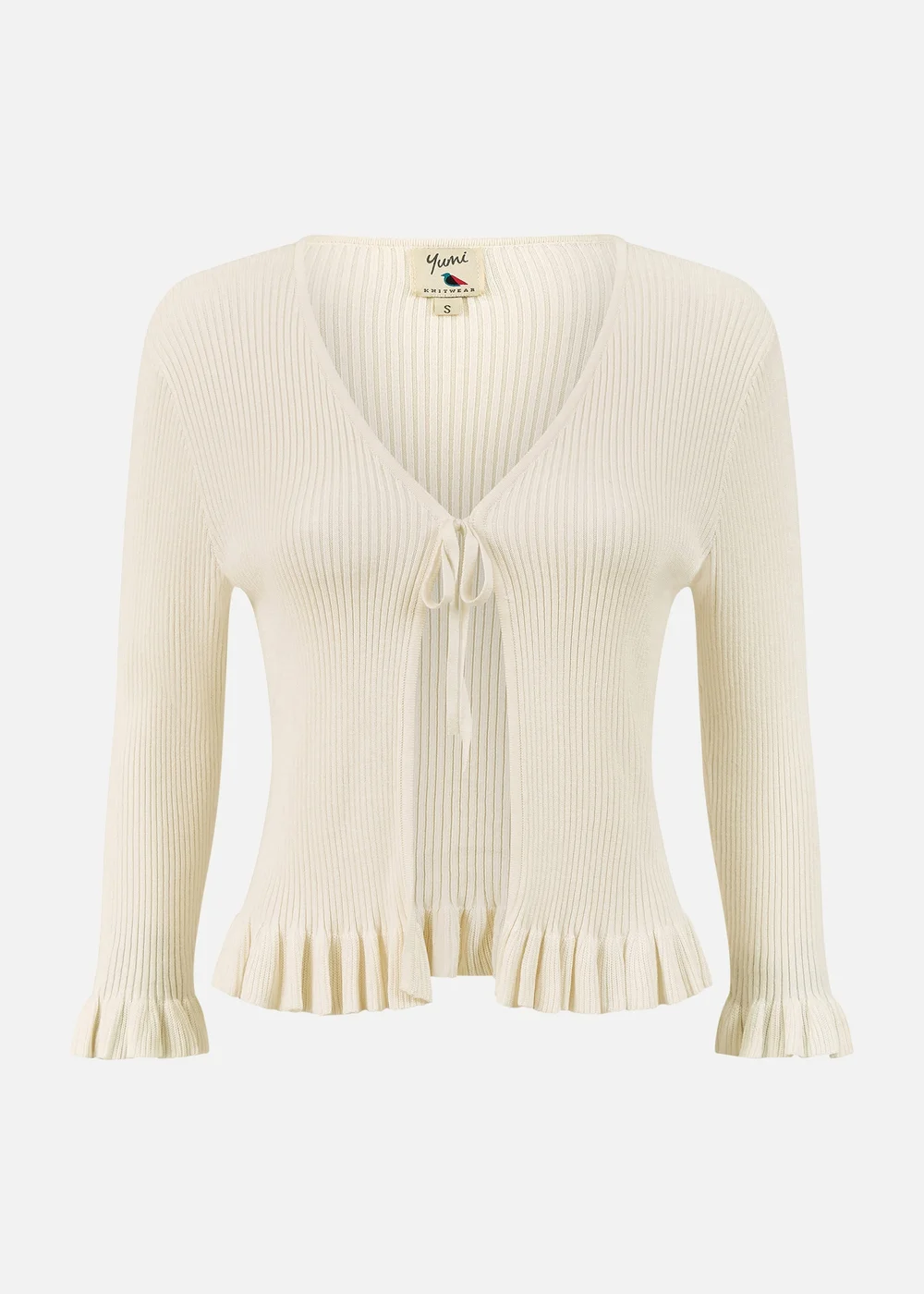 Yumi Ivory Tie Up Ribbed Cardigan With Frill Hem - S Image 3