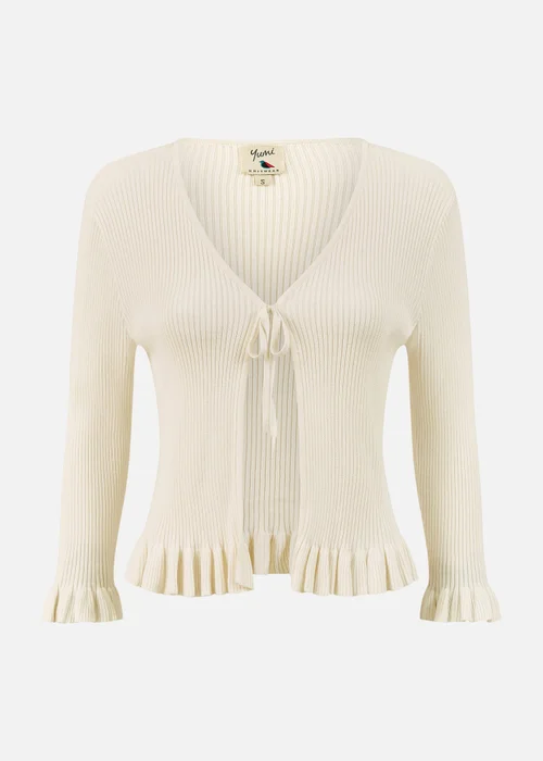 Yumi Ivory Tie Up Ribbed Cardigan With Frill Hem - Medium Image 3
