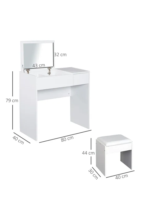 HOMCOM White Dressing Table Set with Flip-up Mirror (80cm x 40cm x 79cm) - One Size Image 3
