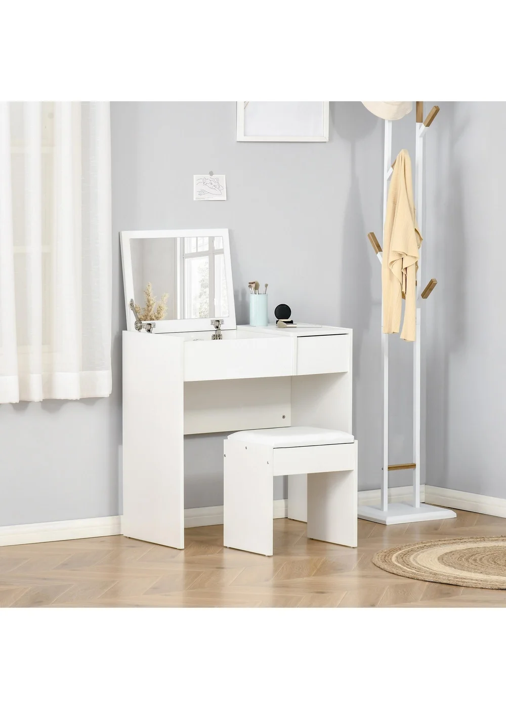 HOMCOM White Dressing Table Set with Flip-up Mirror (80cm x 40cm x 79cm) - One Size Image 1
