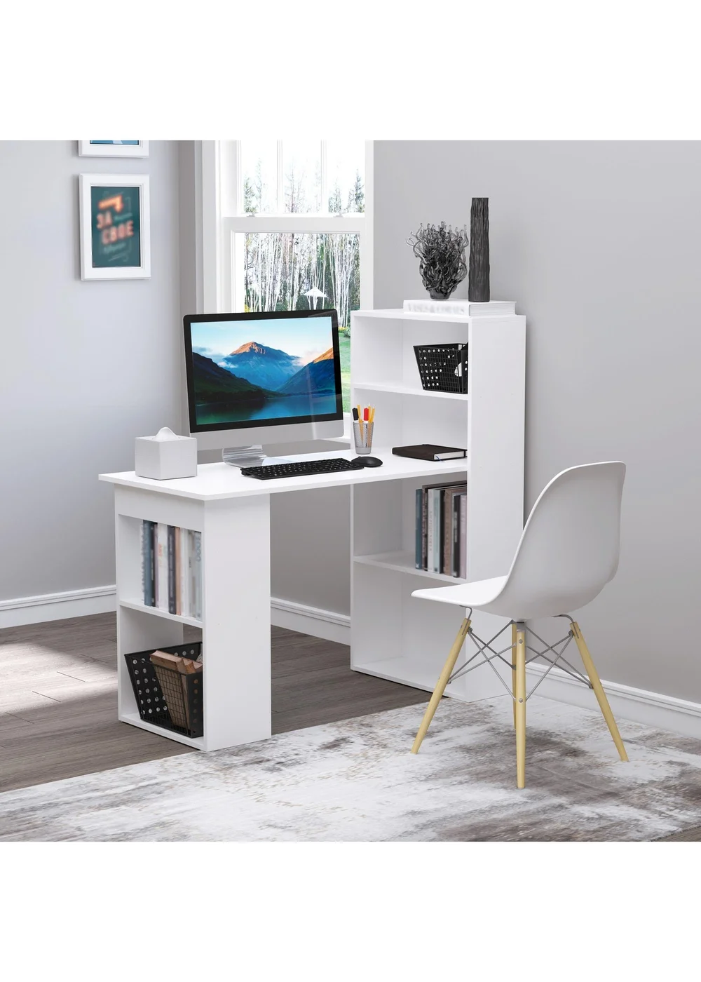 HOMCOM White Writing Table Workstation 6 Shelves (120cm x 55cm x 120cm) - One Size Image 1