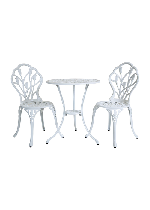 Charles Bentley Tulip Cast Aluminium White Patio Bistro Set Table & 2 Chairs (3 Piece) - One Size Image 2