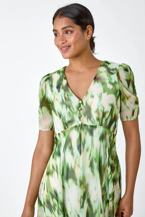 Roman Green Abstract Chiffon Hanky Hem Asymmetric Dress - Size 16 Image 4