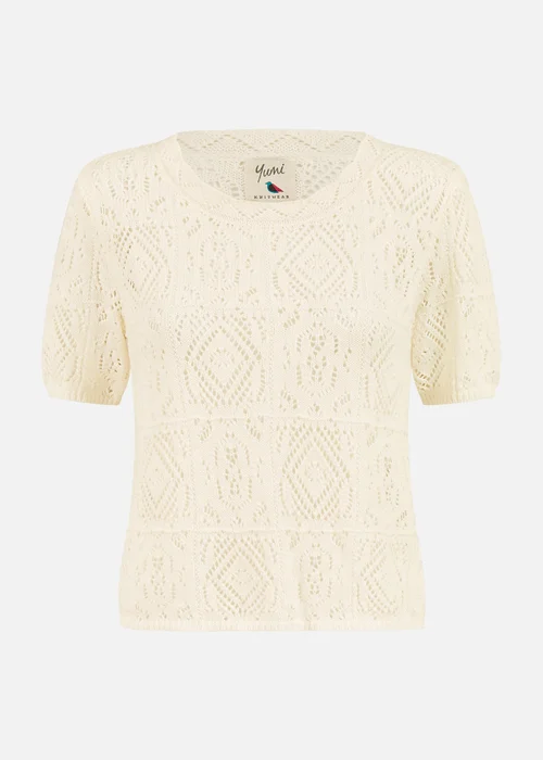 Yumi Ivory Cotton Crochet Knitted Top - Medium Image 3
